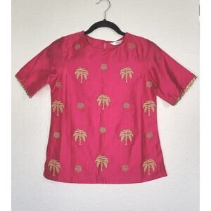 NWT Max Women's Hot Pink & Gold Embroidered Palm‎ Tree Print Blouse. Size XS